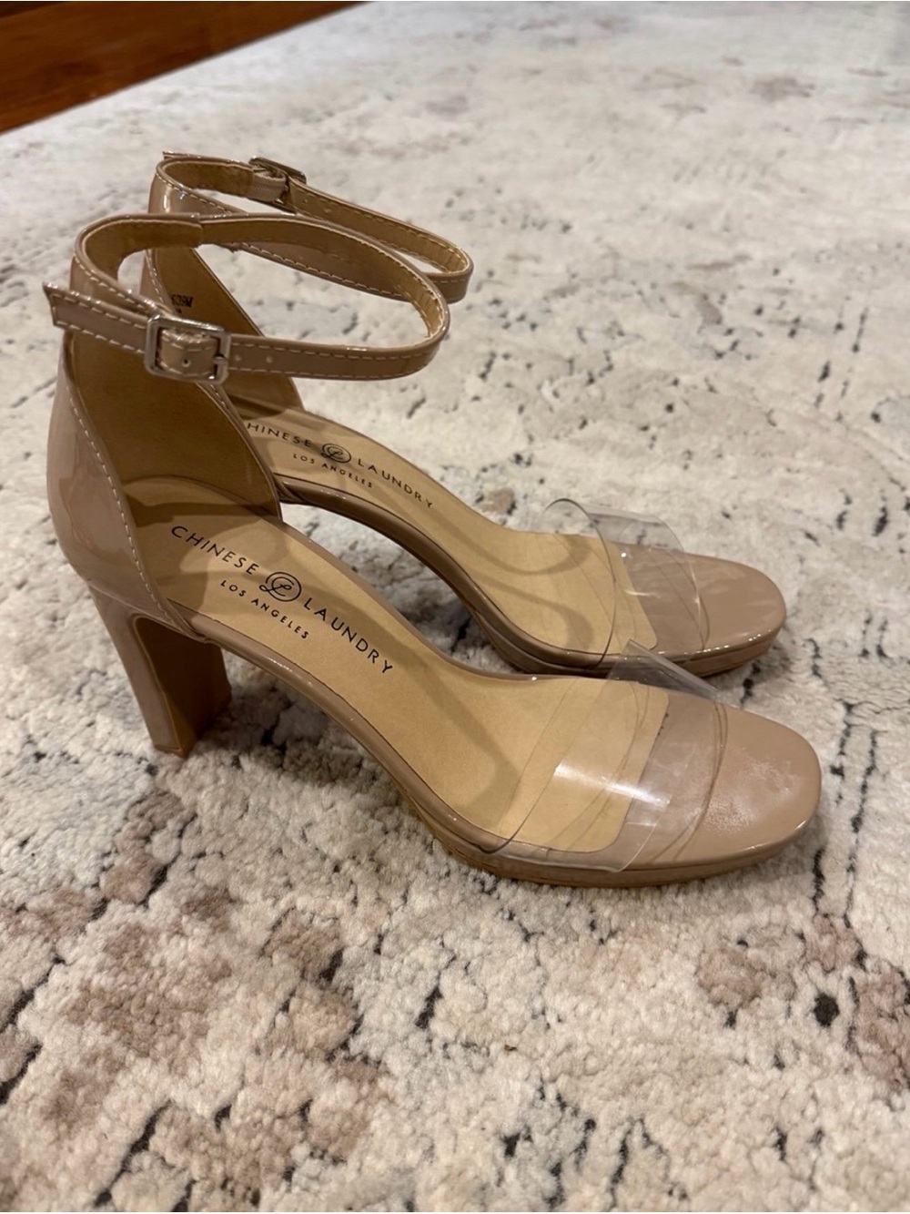 Chinese Laundry Beige Clear-Strap Mid Block Heels